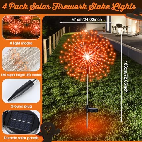 Tujoe 4 Pack Halloween Solar Decoration Outdoor Firework Lights, Orange - Image 2