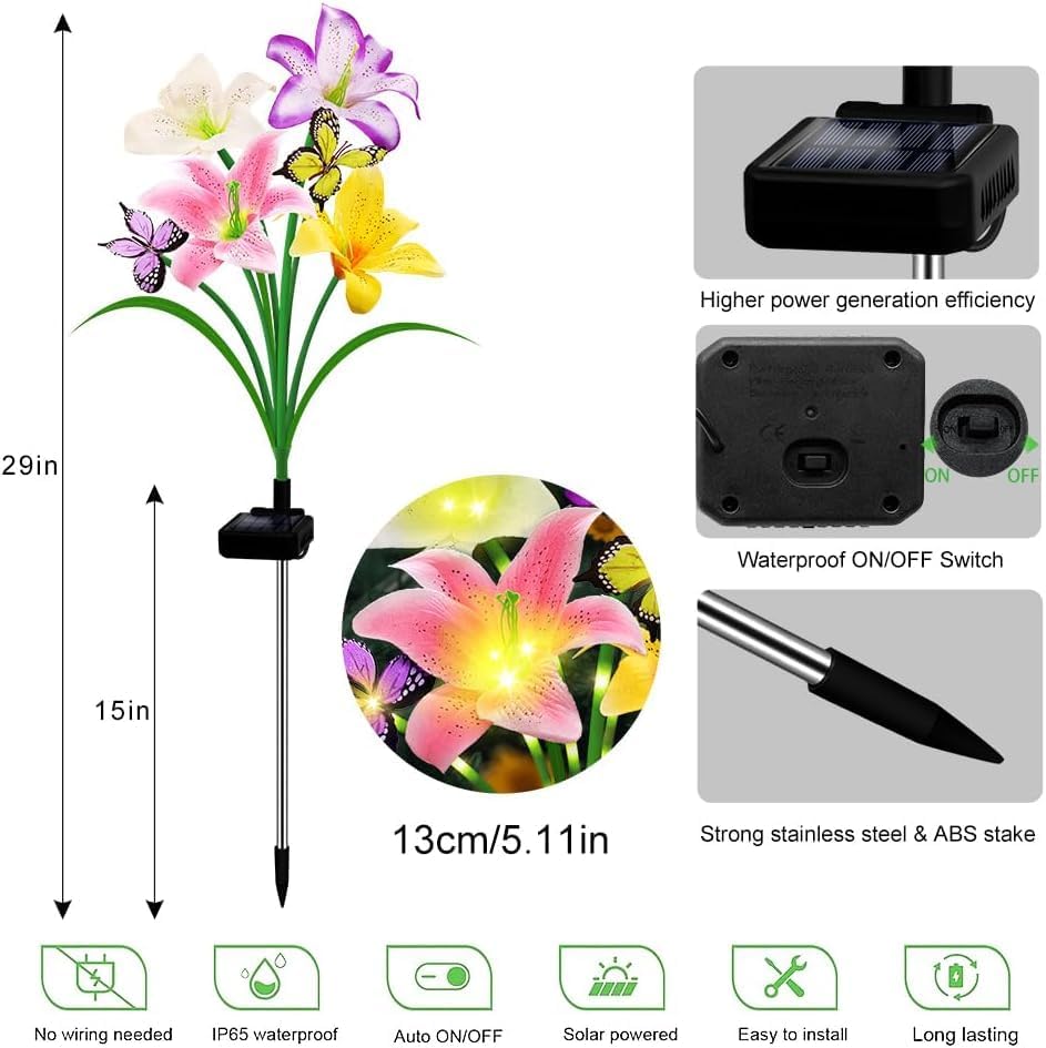6 Pack Solar Garden Lights LED Solar Lilies Flower Lights, Yard Patio Pathway Decoration High Flexibility Copper Wire Handmade Silk Artificial Flowers Never Wither, Gift for Family, Friends - Image 3