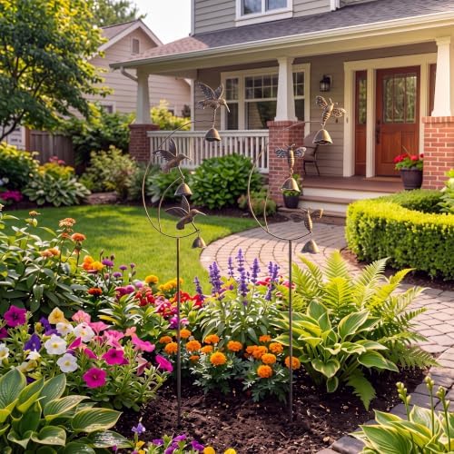 Moxweyeni 2 Pcs Metal Large Hummingbird Bee with Bell Garden Stake Yard Art - Image 4