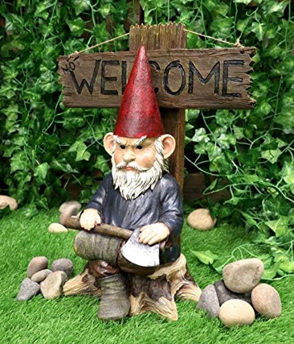 Ebros Gift Whimsical Grumpy Grinchy Rude Old Mr Gnome Dwarf Holding Axe with Welcome or Go Away Plank Sign Statue Garden Patio Outdoor Poolside Magical Gnomes Decorative Figurine - Image 2