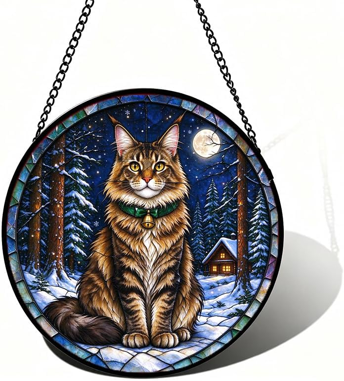Stained Glass Window Hanging Maine Coon Suncatcher Gifts for Him 9.8" by Unknown