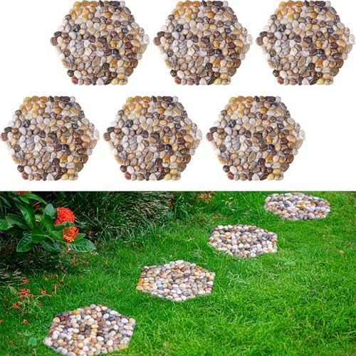 Stepping Stones Outdoor, Natural River Rock Garden Pavers, Set of 6 Round Pebble Stones for Walkway, Yard, Lawn, Patio, Pathway & Landscaping Decor (Hexagon) by Qualdout