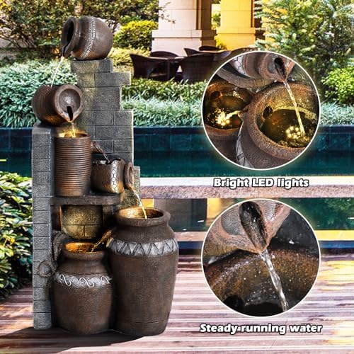 5-Tiers Garden Fountains Outdoor W/LED Light, Modern Fountain Waterfall Floor-Standing Cascading Water Feature for Patio Deck, Porch, Yard Decor (31.5" H) - Image 3