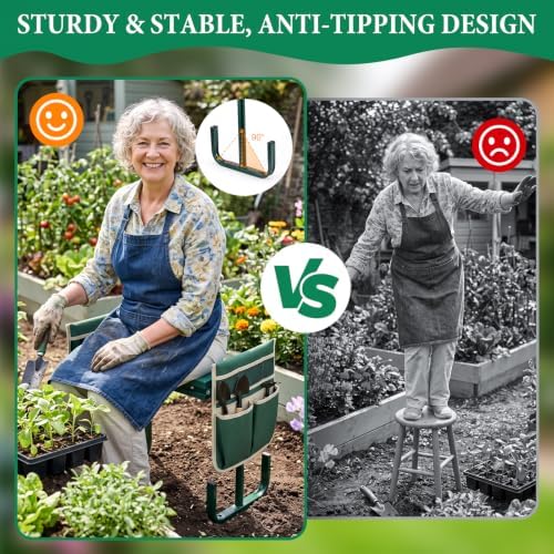 Adjustable Garden Kneeler and Seat with 5-Level Height, 660LBS Heavy Duty Folding Garden Bench Kneeler with Soft EVA Kneeling Pad & 2 Large Tool Pouches, Gardening Gifts for Seniors, Women, Elderly - Image 5
