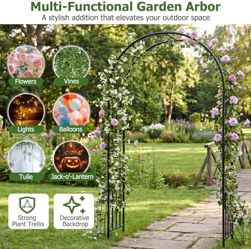 LDAILY Moccha Garden Arch Arbor Trellis, 7.2Ft Outdoor Steel Arbor with Stakes, Metal Archway for Climbing Plants, Wide Sturdy Garden Arch for Lawn, Party, Ceremony Wedding Decoration, Black - Image 4