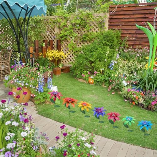 Metal Flowers for Outside,7 Pcs 14 in Outdoor Metal Sun Flowers Garden Stakes with Leaves,Rust and Weather Resistant Garden Plant Flower Sticks for Lawn Pathway Yard Decor,Outdoor Summer Decor - Image 4