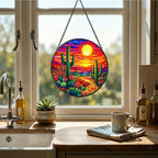 Stained Glass Window Hanging - 11.8" Desert Sunset Cactus Landscape Suncatcher Glass Panel, Home Decorative Hanging Ornament for Kitchen or Garden, Ideal Gift for Mother, Wife or Women - Image 4