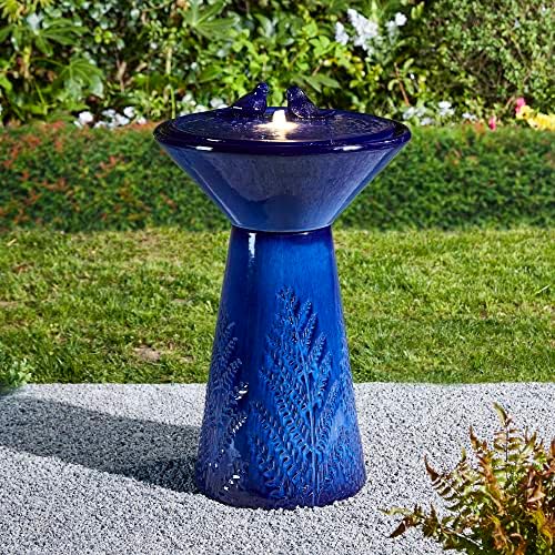 Glitzhome 27.5"H Outdoor Garden Water Fountain with LED Lights and Pump, Cobalt Blue Two Birds Embossed Plant Pattern Pedestal Ceramic Floor-Standing Fountain for Porch Deck Patio Backyard Decoration by Glitzhome