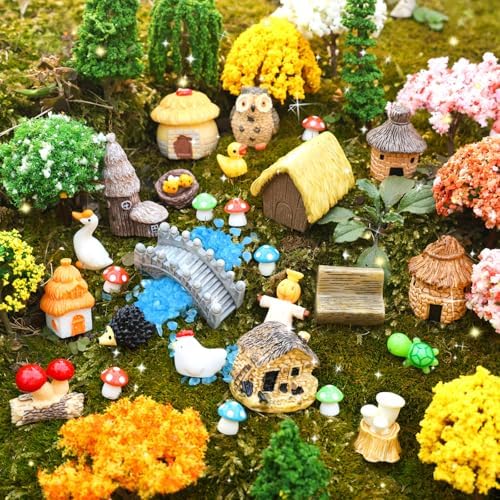 84 Pcs Fairy Garden Accessories, Miniature Village Starter Kit with Moss Model Tree Tiny Resin Animal Figures, DIY Bonsai Micro Landscape Ornament for Terrarium Succulent Dollhouse Craft - Image 7