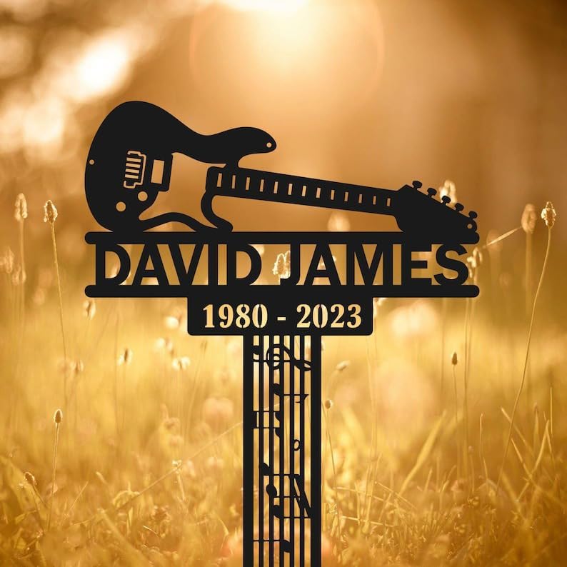 DINOMAN Personalized Memorial Plaques for Outdoors Electric Guitar Grave Marker Metal Garden Stakes Electric Guitar Player Memorial Gifts Sympathy Gifts for Loss of Loved One (Electric Guitar) - Image 2