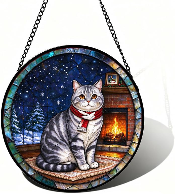 Stained Glass Window Hanging American Shorthair Cat Suncatcher Gifts 9.8" by Unknown