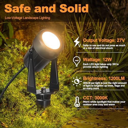 Outdoor Landscape Lighting Waterproof with 45.9FT Cable & built-in LED Light, Low Voltage 12W 1200LM Plug in Electric LED Spot Light 3000K Uplight with Transformer for Garden Yard Tree Path, Pack of 4 - Image 5
