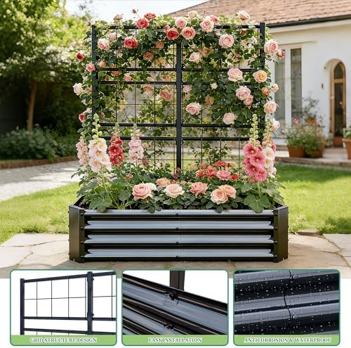 Galvanized Raised Garden Bed with Trellis for Climbing Plants Outdoor,Black - Image 4