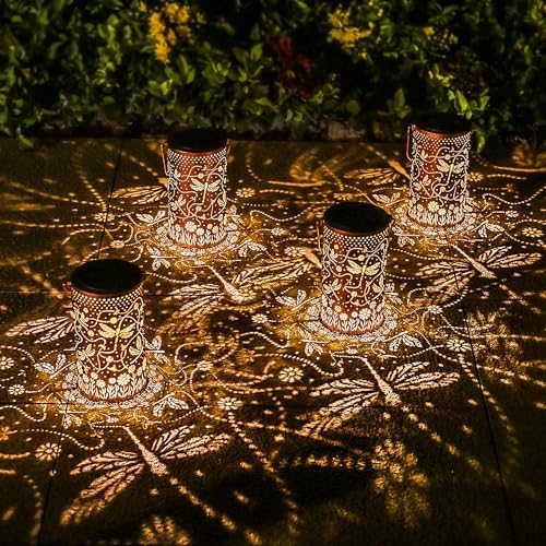 2 Pack Dragonfly Outdoor Solar Hanging Lanterns Waterproof LED Solar Lights Metal Decorative Lanterns for Garden, Patio, Courtyard, Backyard, Yard Decor Unique Dragonfly Gifts for Women Gardening - Image 4