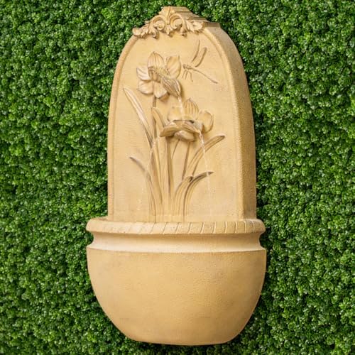 XBrand 31" in H Outdoor Wall Water Fountain with Pump- Khaki Flower with Dragonfly Design with Mesh Guard - Image 3