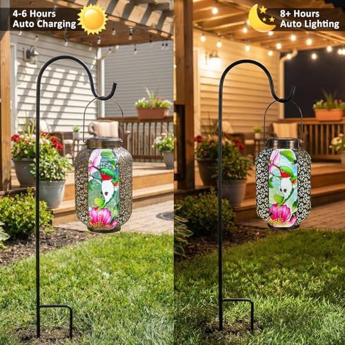Hummingbird Solar Lantern Outdoor Hanging Lights – Waterproof Metal Garden Decor with Stained Glass, LED Solar Decorative Lamp for Patio, Yard, Porch, Pathway, Gardening Gifts for Mom, Grandma, Women - Image 2