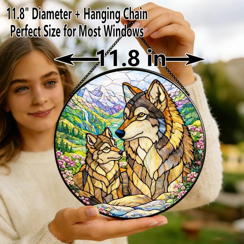 Stained Glass Window Hanging Suncatcher 11.8 in Wolf Family Colorful Glass Panel Sun Catcher for Window,Nature Mountain Landscape Window Hanging Decor for Home,Housewarming Gift - Image 6