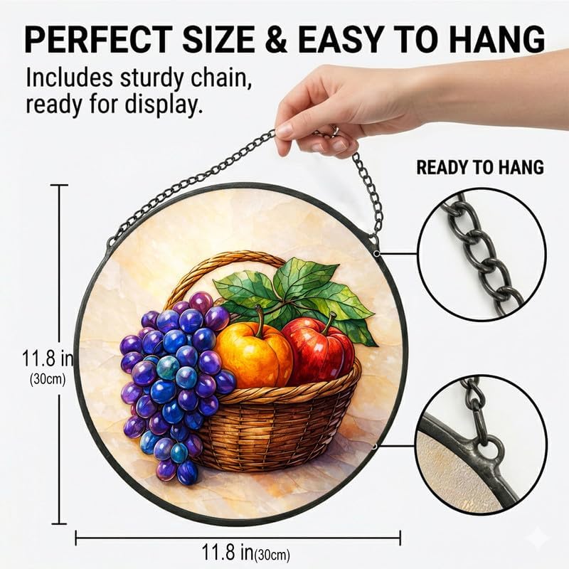 Stained Glass Window Hanging - 11.8" Fruit Basket with Grapes and Apples Suncatcher Glass Panel, Home Decorative Hanging Ornament for Kitchen or Garden, Ideal Gift for Mother, Wife or Women - Image 3