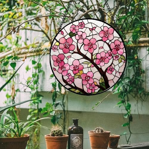 Pink Cherry Blossoms Stained Glass Window Hanging Suncatcher Gifts 15" - Image 5
