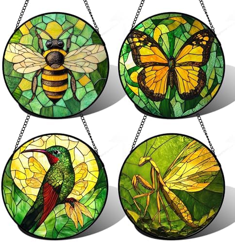 DASTOLL Stained Glass Window Hanging 4 Pcs Set Green Plants Yellow Insect Theme 6.3" - Suncatcher Door Garden Sun Catcher Decor Birthday Christmas for Mom Woman Nana Men by DASTOLL