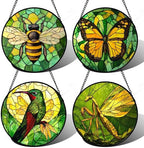 DASTOLL Stained Glass Window Hanging 4 Pcs Set Green Plants Yellow Insect Theme 6.3" - Suncatcher Door Garden Sun Catcher Decor Birthday Christmas for Mom Woman Nana Men by DASTOLL