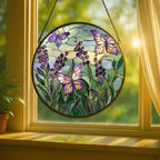 Purple Berries and Butterflies Stained Glass Window Hanging Panel – 11.8in Floral Nature Suncatcher Wall Art for Home Window Decor and Gift - Image 2