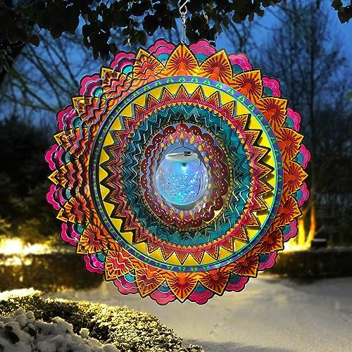FONMY Solar Wind Spinner Mandala Flame 3D Stainless Steel Hanging Wind Spinners Worth Gift Christmas Decoration Indoor/Outdoor Garden Décor Kinetic Yard Art 12 Inches Multi Red Wind Sculpture - Image 6