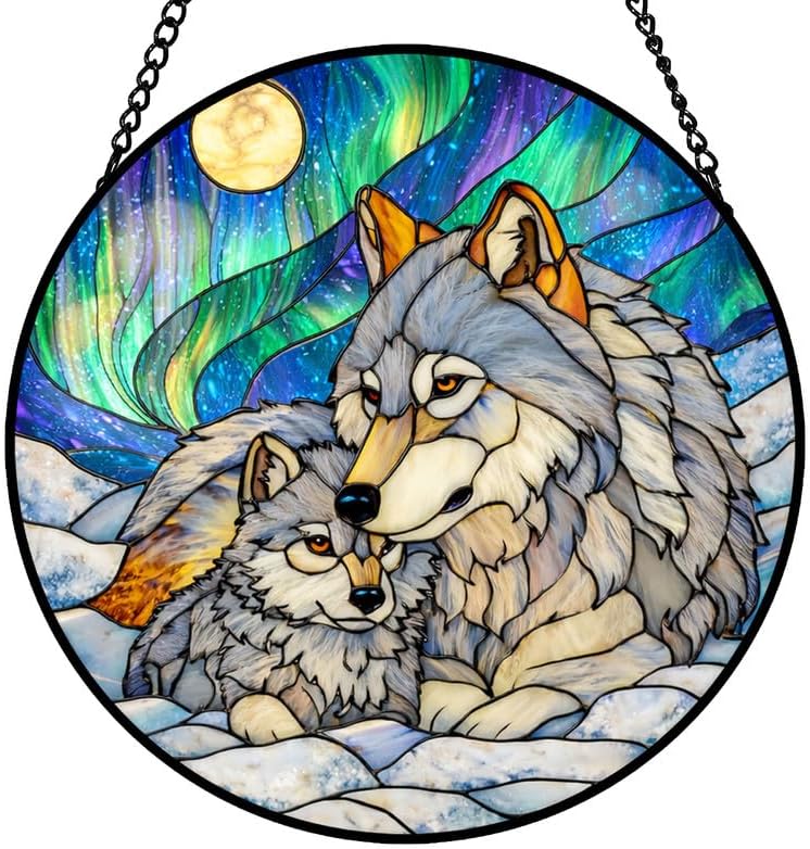 Stained Glass Window Hanging Suncatcher 11.8 in Wolf Family Aurora Scene Colorful Glass Panel Sun Catcher for Window,Window Hanging Decor for Home,Housewarming Gift by Unknown