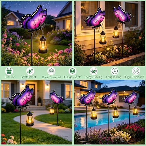 Butterfly Solar Garden Lights Outdoor Waterproof, Gifts for Women Mom Grandma Daughter, Stake Lights with Solar Lantern, Hanging Solar Lights, Solar Path Lights Yard Art Outside Patio Garden Decor - Image 6