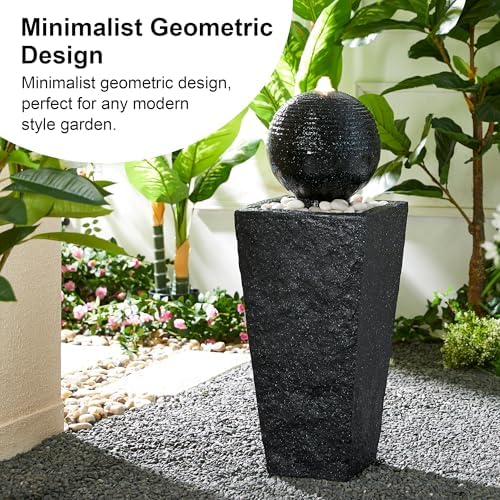 Glitzhome Outdoor Water Fountain with LED Light & Pump, Black Pedestal Sphere Fountain Decorative Water Fountains, Modern Waterfall Floor Fountain with Pebbles for Garden Patio Decor Porch, 31.75”H - Image 6
