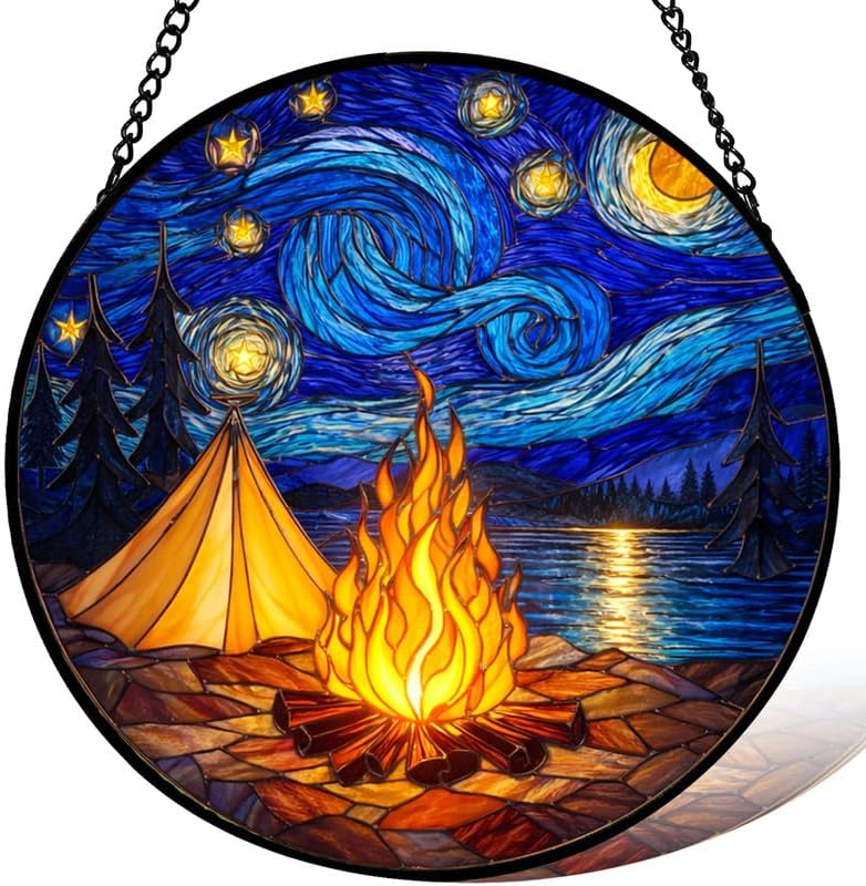 Stained Glass Window Hanging，Starry Night Camping Scene 11.8in Sun Catchers Indoor Window, Home Decor Inside and Outside the Cottage, Gifts for Women by Unknown