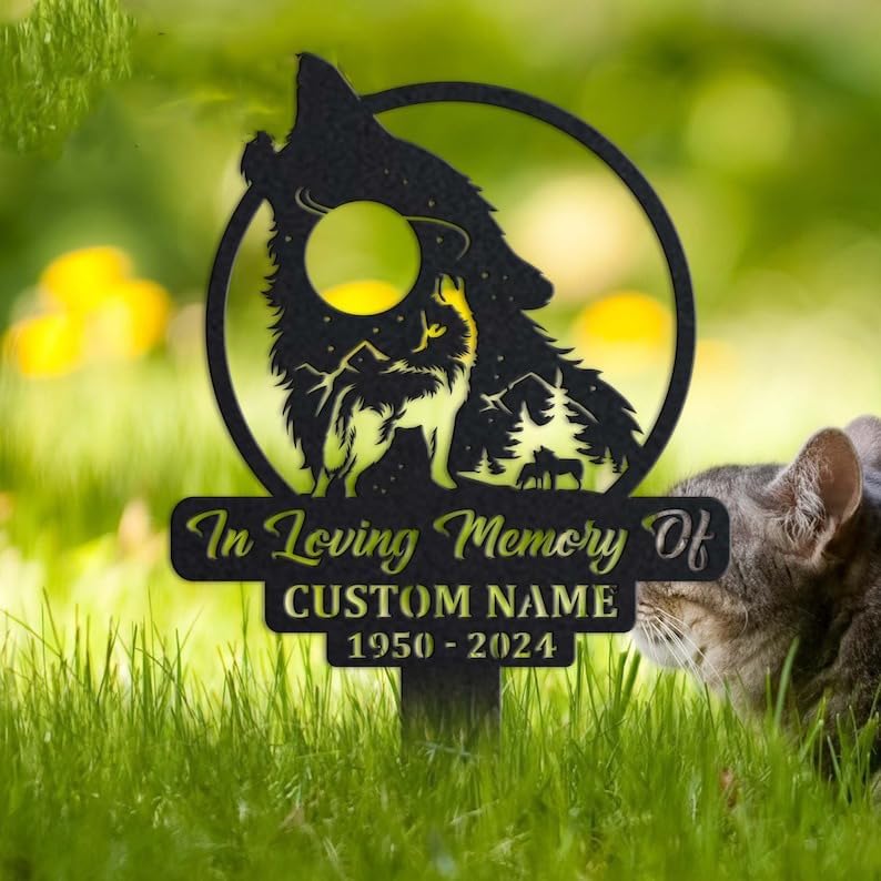 DINOMAN Personalized Memorial Plaques for Outdoors Mountain Night Scene Wolf Grave Marker Metal Garden Stakes Wolf Lover Memorial Gifts Sympathy Gifts for Loss of Loved One (Wolf) - Image 3