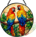 Stained Glass Window Hanging - 11.8" Colorful Macaw Parrots on Branch Suncatcher Glass Panel, Home Decorative Hanging Ornament for Kitchen or Garden, Ideal Gift for Mother, Wife or Women by Vexila