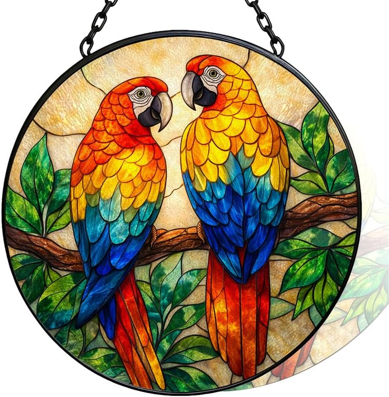 Stained Glass Window Hanging - 11.8" Colorful Macaw Parrots on Branch Suncatcher Glass Panel, Home Decorative Hanging Ornament for Kitchen or Garden, Ideal Gift for Mother, Wife or Women by Vexila
