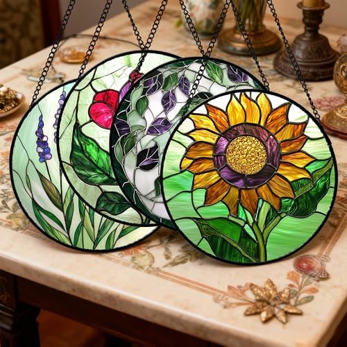 Stained Glass Window Hanging 4 Pcs Set Red Roses Yellow Sunflowers 9.8" - Flower Suncatcher Door Garden Sun Catcher Decor Birthday Mother's Day for Mom Woman Nana Girl - Image 2