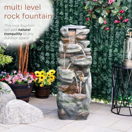 Alpine Corporation 39" Tall Outdoor Mult-itiered Elegant Rock Look Waterfalls Floor Fountain with LED Lights, Gray - Image 5