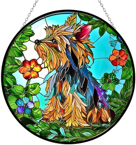 Yorkie Stained Glass Suncather Window Hangings, Suncatchers Glass Panel Sun Catchers Gifts Home Decor Garden Christmas Halloween Wedding 9.8" by HYPESTYLE