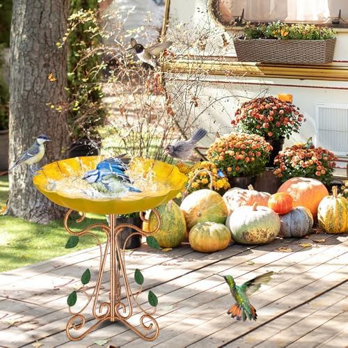 Vintage Metal Bird Bath for Outside, 13" Dia Birdbaths Bowl with Cast Iron Pedestal, Large Antique Bird Feeder with Folding Bracket for Outdoors Garden Patio Yard Decor (Retro Yellow) - Image 6