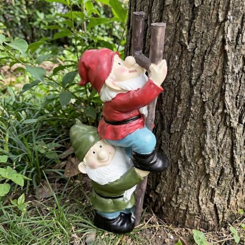 Elenon Funny Gnomes on Ladders Garden Statue, 14“ HIGH Gnomes Climbing Tree Figurine, Resin Outdoor Yard Lawn Decor, Cute Whimsical Patio Ornament for Garden, Porch, Backyard Decoration - Image 2