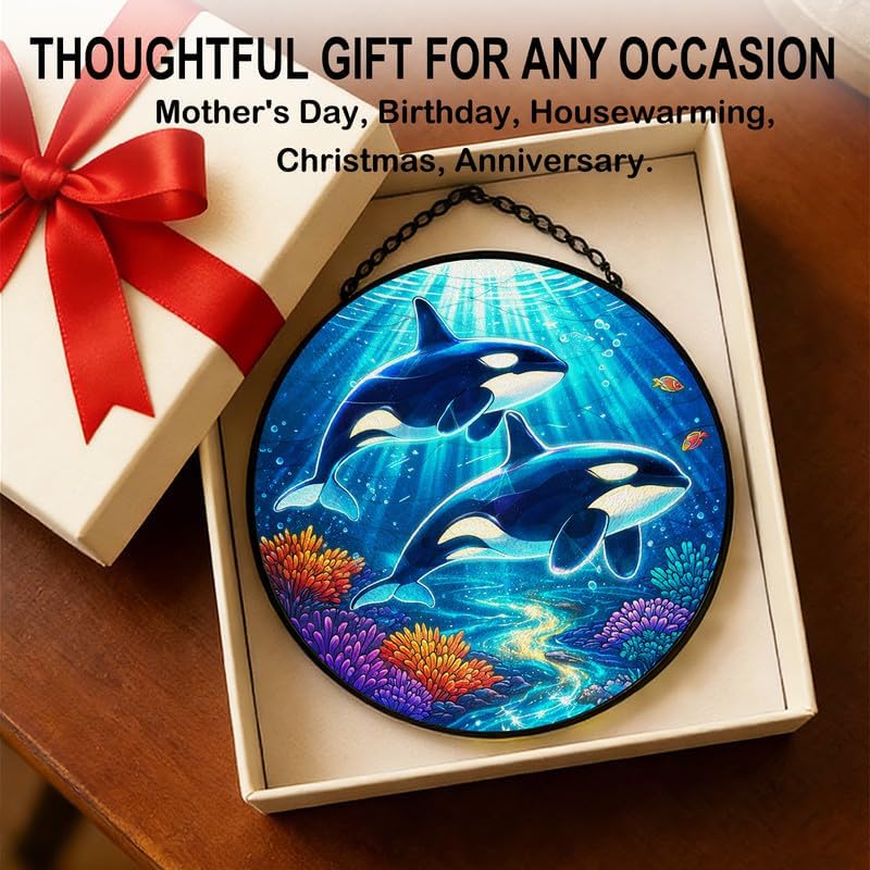 Stained Glass Window Hanging - 11.8" Orca Whale Ocean Scene Suncatcher Glass Panel, Home Decorative Hanging Ornament for Kitchen or Garden, Ideal Gift for Mother, Wife or Women - Image 7