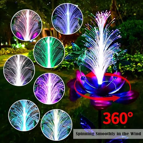 Solar Hummingbird Wind Spinners, Solar Firework Lights Garden Décor, Metal Lotus Flower Windmill Colour Changing Optical Fiber Lights Yard Decoration, Outdoor Wind Sculpture for Lawn Patio,Balcony - Image 5