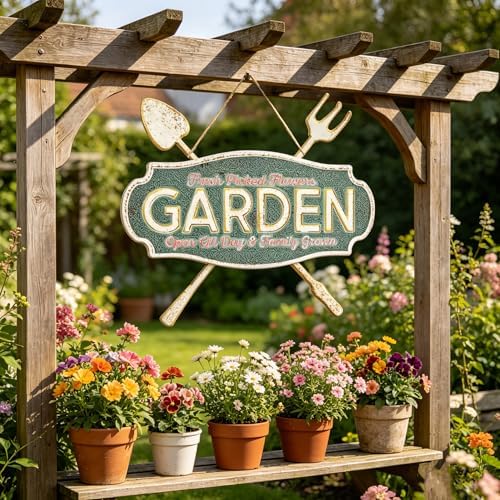 Vintage Metal Garden Sign, Distressed Green Wall Decor with Shovel & Fork Design, Rustic Farmhouse Wall Art for Outdoor Porch, Patio, 18.11” × 16.54” - Image 4