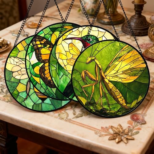 DASTOLL Stained Glass Window Hanging 4 Pcs Set Green Plants Yellow Insect Theme 6.3" - Suncatcher Door Garden Sun Catcher Decor Birthday Christmas for Mom Woman Nana Men - Image 2