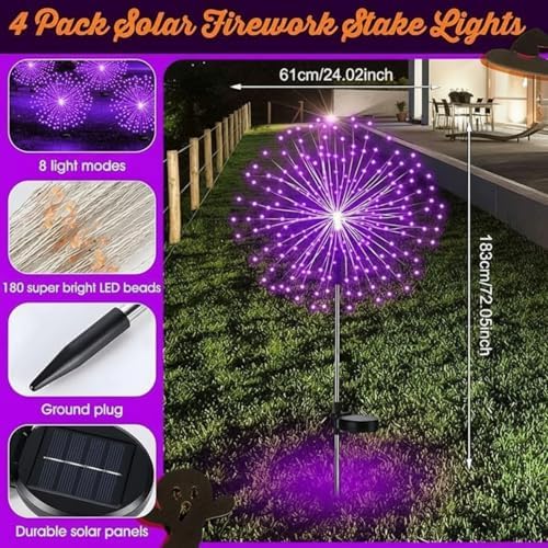 Tujoe 4 Pack Halloween Outdoor Decoration Solar Firework Lights,Purple - Image 2