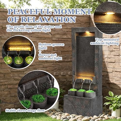Grepatio 39" Tall Outdoor Water Fountain, Indoor Water Feature Cascading Wall with 5 LED Lights, Large Outside Resin Wtaerfall Fountains for Garden, Yard Patio Home Decor, Natural Stone Look, Gray - Image 3