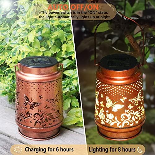 2 Pack Solar Butterfly Lanterns Outdoor Hanging Decor Lantern,Waterproof Hollow Out Retro Metal Decorative Garden Light,Graceful Decoration for Patio,Yard,Landscape,Festival - Image 5