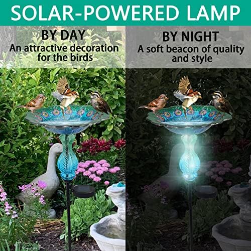 John's Studio Peacock Bird Bath for Outdoor - Glass Bowl Solar Light Cage Outside Dish Bird Feeder with Metal Stake for Garden, Yard and Patio - 32 inches - Image 3