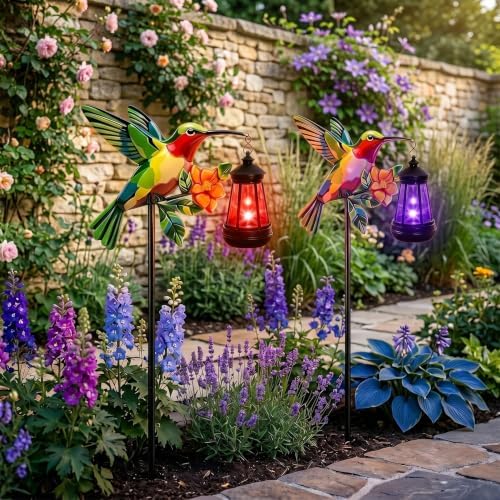 2 Pack Hummingbird Solar Garden Lights Waterproof Outdoor Metal Stakes with Solar Lantern Gifts for Women Mom Grandma Birthday for Path Yard Patio Porch Lawn (Multicolor, Green Hummingbird) by Cynzia