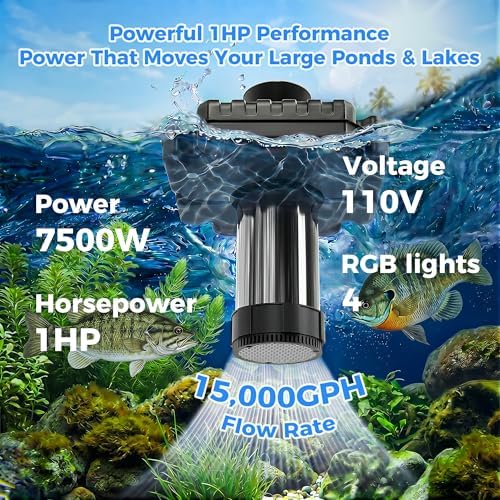 AirWire Pond Fountain Aerator, 1HP 750W 15000GPH 110V High Flow FloatingPond, Pure Copper Motor & Stainless Steel Body, with Timer & 100' Power Cord +2x100' Guide Ropes for Pond Lake, 4 RGB Lights - Image 2