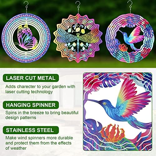 3 Pack Stainless Steel Wind Spinner Butterfly Dragonfly Hummingbird for Yard and Garden 12 Inch 3D Metal Wind Spinner Hanging Outdoor Porch Decor Art Kinetic Sculptures for Indoor Outdoor Decorations - Image 4